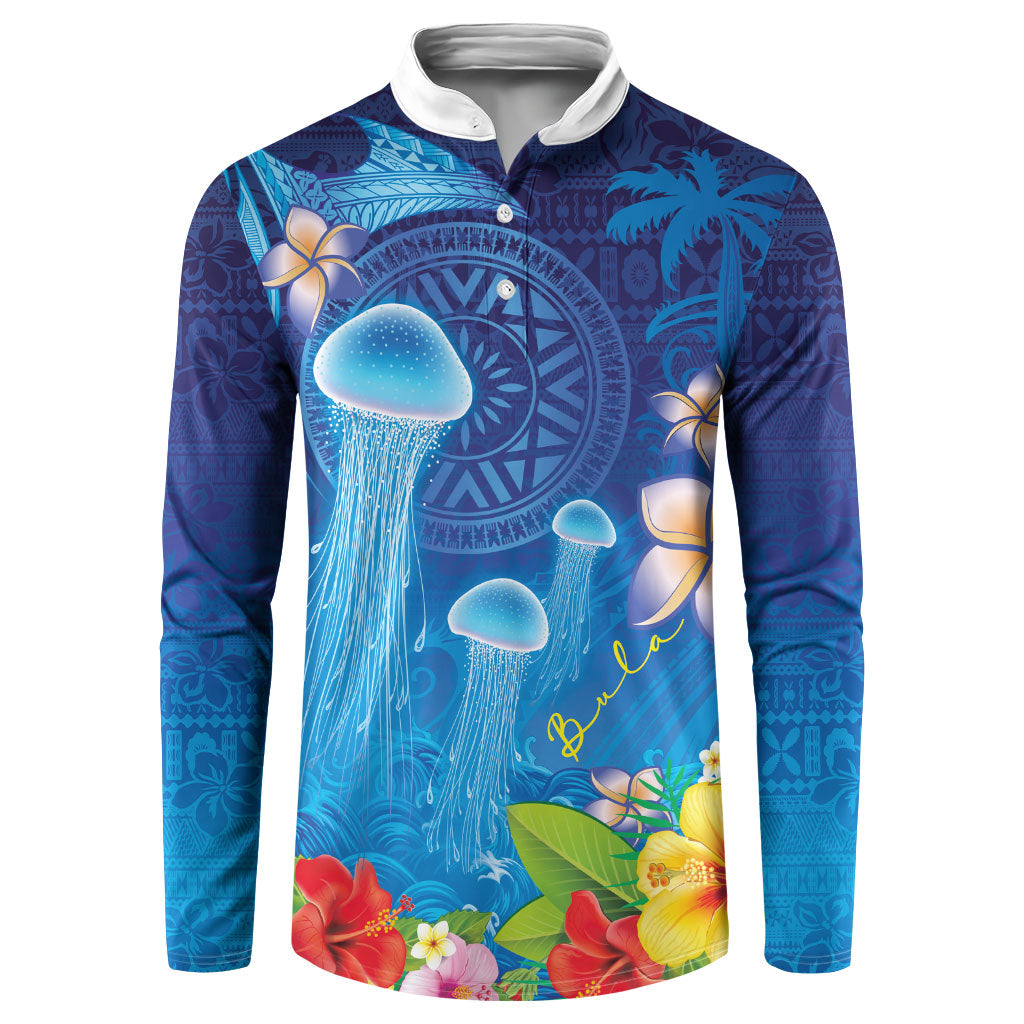 Fiji Jellyfish Button Sweatshirt Tapa Patterns and Hibiscus Sea Vibe LT03 Blue - Polynesian Pride