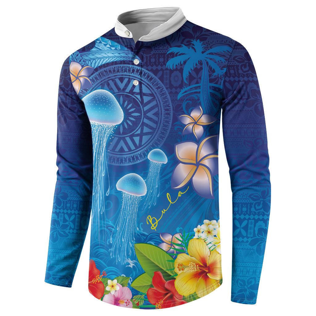 Fiji Jellyfish Button Sweatshirt Tapa Patterns and Hibiscus Sea Vibe LT03 - Polynesian Pride