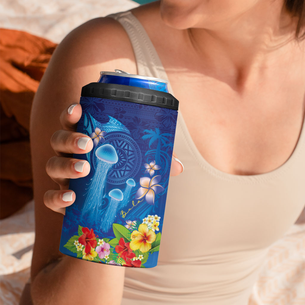 Fiji Jellyfish 4 in 1 Can Cooler Tumbler Tapa Patterns and Hibiscus Sea Vibe LT03 - Polynesian Pride
