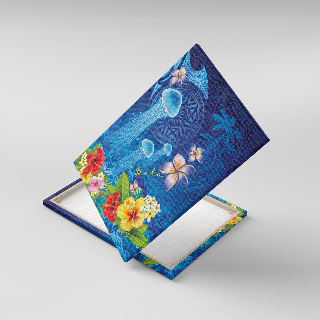 Fiji Jellyfish Canvas Wall Art Tapa Patterns and Hibiscus Sea Vibe LT03 With Frame Blue - Polynesian Pride
