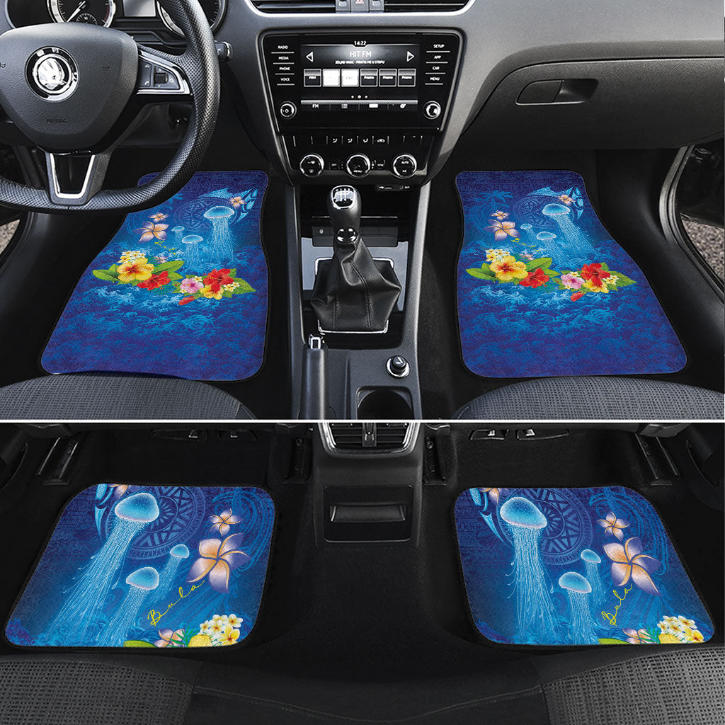Fiji Jellyfish Car Mats Tapa Patterns and Hibiscus Sea Vibe LT03 Set 4pcs Blue - Polynesian Pride