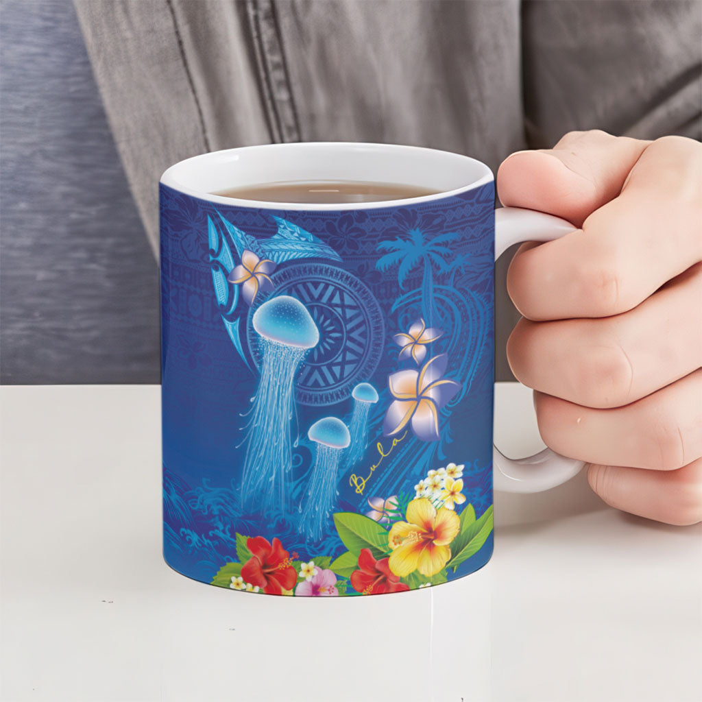 Fiji Jellyfish Ceramic Mug Tapa Patterns and Hibiscus Sea Vibe LT03 - Polynesian Pride