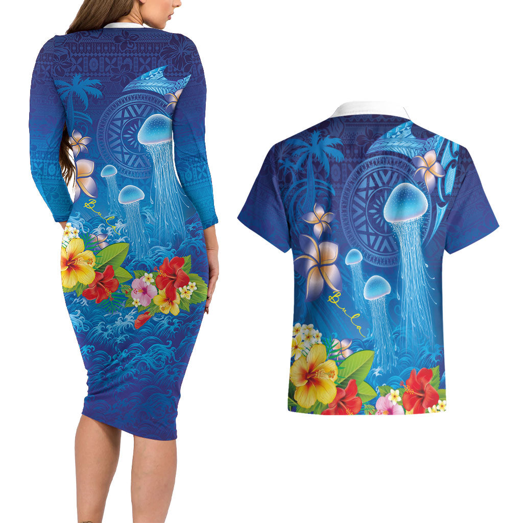 Fiji Jellyfish Couples Matching Long Sleeve Bodycon Dress and Hawaiian Shirt Tapa Patterns and Hibiscus Sea Vibe