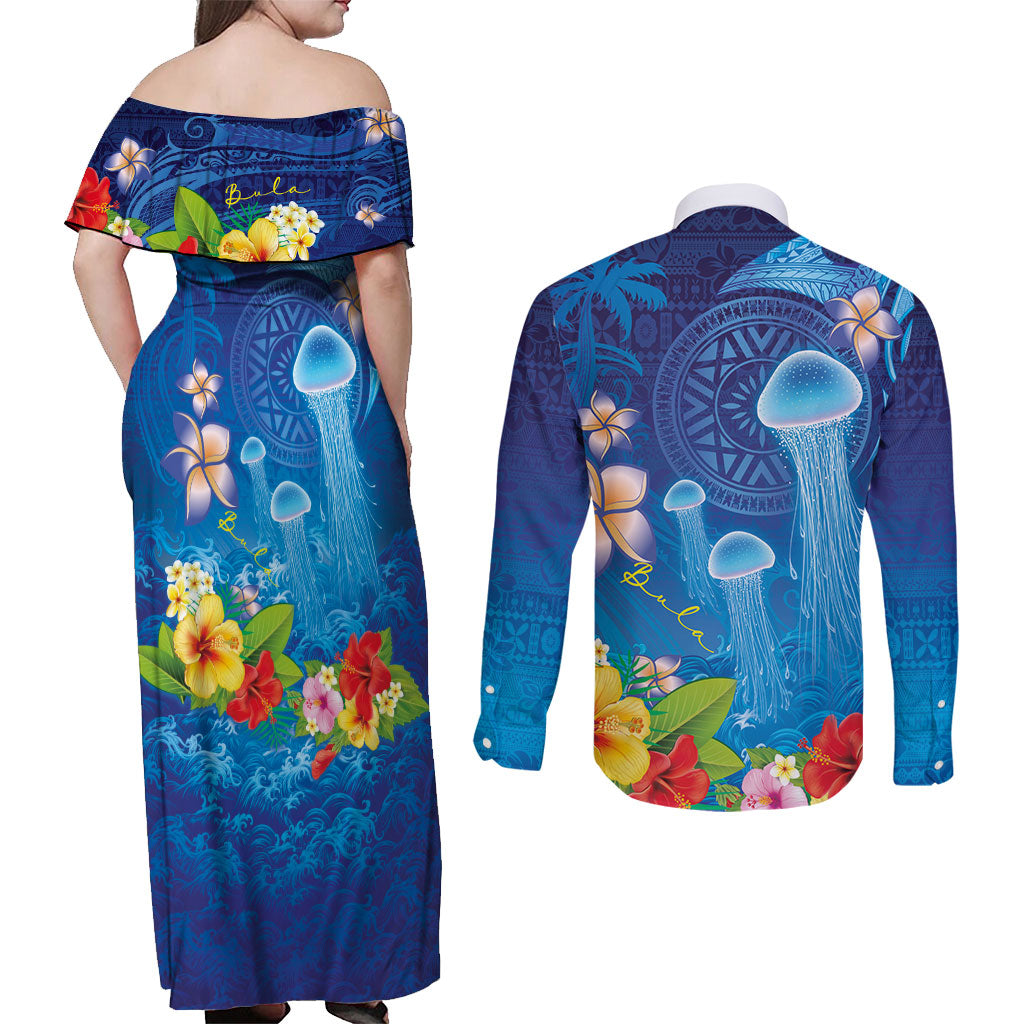 Fiji Jellyfish Couples Matching Off Shoulder Maxi Dress and Long Sleeve Button Shirt Tapa Patterns and Hibiscus Sea Vibe LT03 - Polynesian Pride