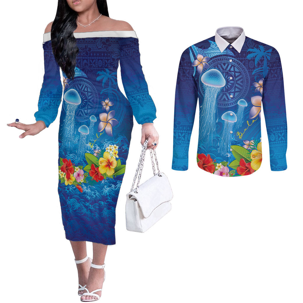 Fiji Jellyfish Couples Matching Off The Shoulder Long Sleeve Dress and Long Sleeve Button Shirt Tapa Patterns and Hibiscus Sea Vibe LT03 Blue - Polynesian Pride
