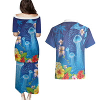 Fiji Jellyfish Couples Matching Puletasi and Hawaiian Shirt Tapa Patterns and Hibiscus Sea Vibe LT03 - Polynesian Pride
