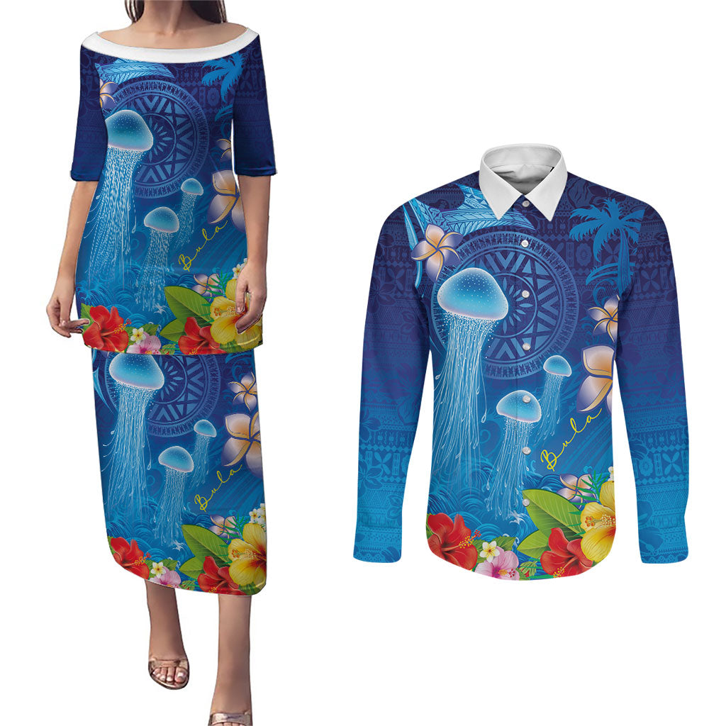 Fiji Jellyfish Couples Matching Puletasi and Long Sleeve Button Shirt Tapa Patterns and Hibiscus Sea Vibe LT03 Blue - Polynesian Pride