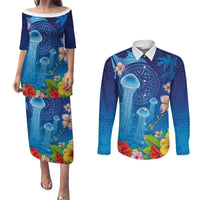 Fiji Jellyfish Couples Matching Puletasi and Long Sleeve Button Shirt Tapa Patterns and Hibiscus Sea Vibe LT03 Blue - Polynesian Pride