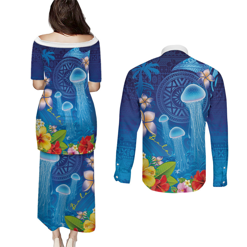 Fiji Jellyfish Couples Matching Puletasi and Long Sleeve Button Shirt Tapa Patterns and Hibiscus Sea Vibe LT03 - Polynesian Pride
