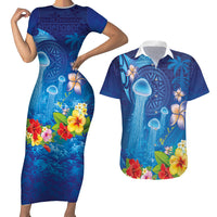 Fiji Jellyfish Couples Matching Short Sleeve Bodycon Dress and Hawaiian Shirt Tapa Patterns and Hibiscus Sea Vibe