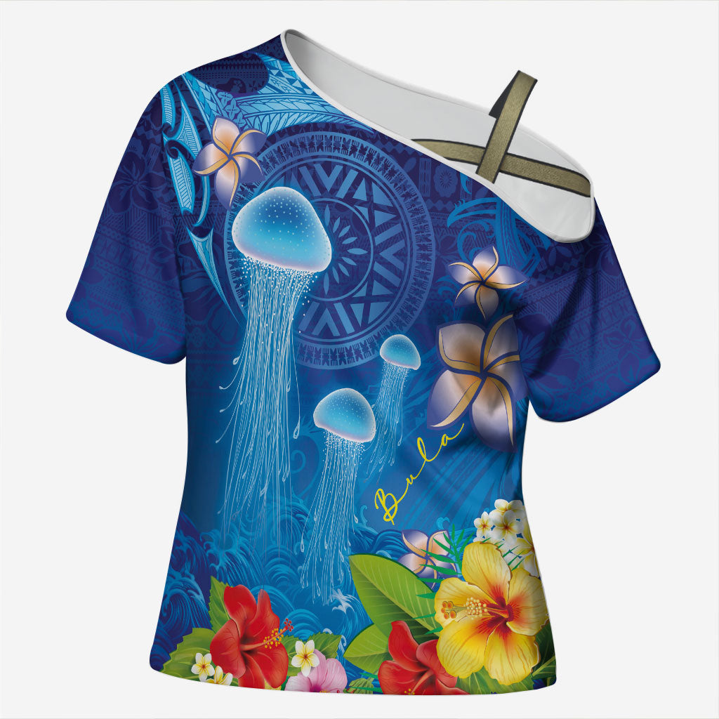 Fiji Jellyfish Cross Shoulder Shirt Tapa Patterns and Hibiscus Sea Vibe LT03 Female Blue - Polynesian Pride