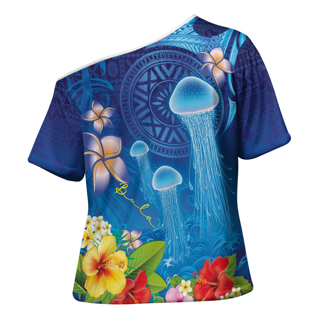Fiji Jellyfish Cross Shoulder Shirt Tapa Patterns and Hibiscus Sea Vibe LT03 - Polynesian Pride