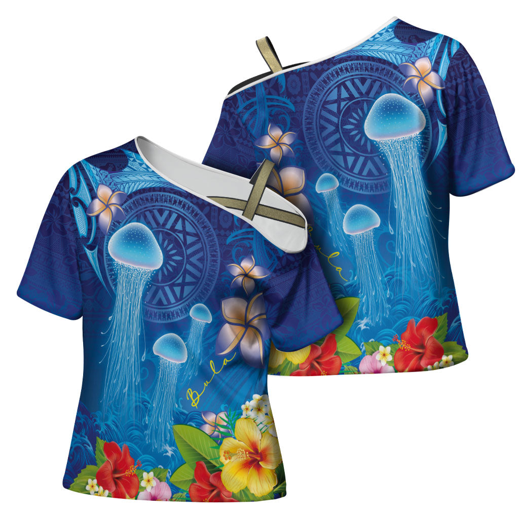 Fiji Jellyfish Cross Shoulder Shirt Tapa Patterns and Hibiscus Sea Vibe LT03 - Polynesian Pride