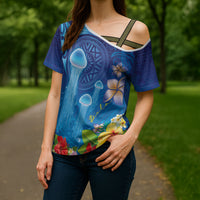 Fiji Jellyfish Cross Shoulder Shirt Tapa Patterns and Hibiscus Sea Vibe LT03 - Polynesian Pride