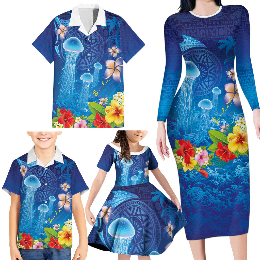 Fiji Jellyfish Family Matching Long Sleeve Bodycon Dress and Hawaiian Shirt Tapa Patterns and Hibiscus Sea Vibe LT03 - Polynesian Pride
