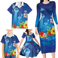 Fiji Jellyfish Family Matching Long Sleeve Bodycon Dress and Hawaiian Shirt Tapa Patterns and Hibiscus Sea Vibe