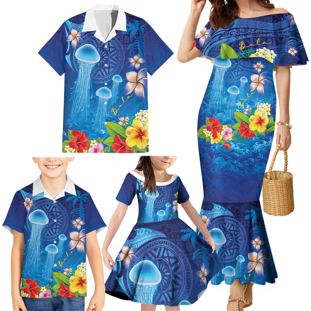 Fiji Jellyfish Family Matching Mermaid Dress and Hawaiian Shirt Tapa Patterns and Hibiscus Sea Vibe LT03 - Polynesian Pride