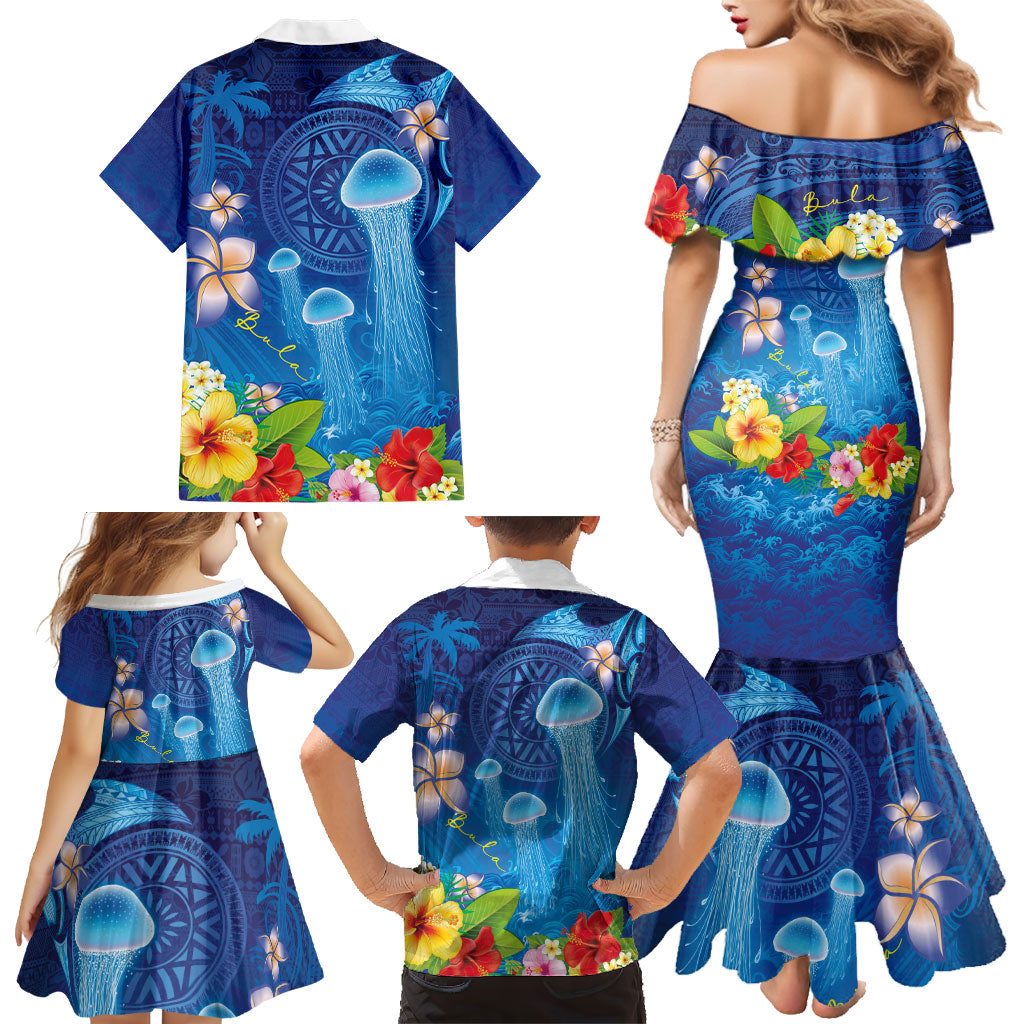 Fiji Jellyfish Family Matching Mermaid Dress and Hawaiian Shirt Tapa Patterns and Hibiscus Sea Vibe