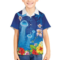 Fiji Jellyfish Family Matching Mermaid Dress and Hawaiian Shirt Tapa Patterns and Hibiscus Sea Vibe