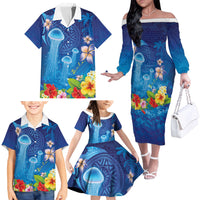 Fiji Jellyfish Family Matching Off The Shoulder Long Sleeve Dress and Hawaiian Shirt Tapa Patterns and Hibiscus Sea Vibe