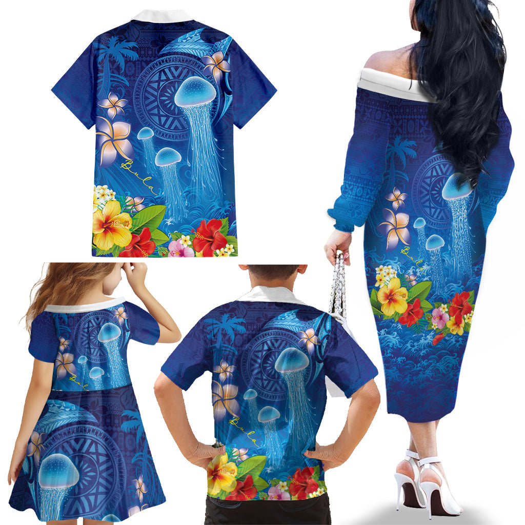 Fiji Jellyfish Family Matching Off The Shoulder Long Sleeve Dress and Hawaiian Shirt Tapa Patterns and Hibiscus Sea Vibe