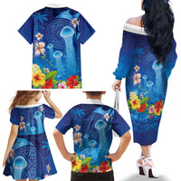 Fiji Jellyfish Family Matching Off The Shoulder Long Sleeve Dress and Hawaiian Shirt Tapa Patterns and Hibiscus Sea Vibe