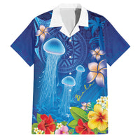 Fiji Jellyfish Family Matching Off The Shoulder Long Sleeve Dress and Hawaiian Shirt Tapa Patterns and Hibiscus Sea Vibe