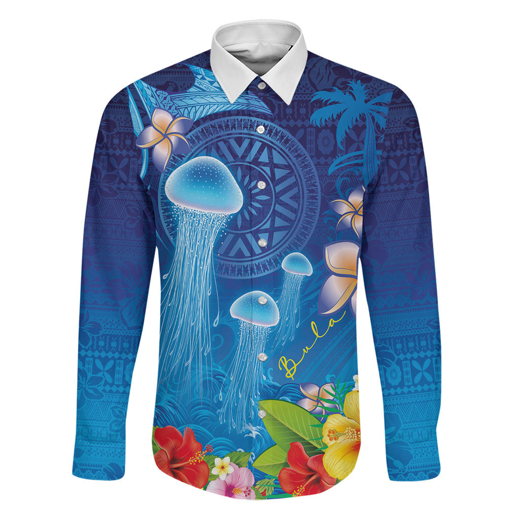 Fiji Jellyfish Family Matching Off The Shoulder Long Sleeve Dress and Hawaiian Shirt Tapa Patterns and Hibiscus Sea Vibe