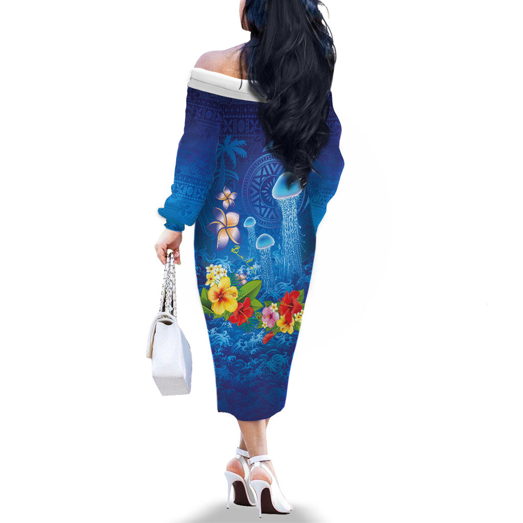 Fiji Jellyfish Family Matching Off The Shoulder Long Sleeve Dress and Hawaiian Shirt Tapa Patterns and Hibiscus Sea Vibe