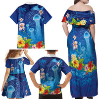 Fiji Jellyfish Family Matching Off Shoulder Maxi Dress and Hawaiian Shirt Tapa Patterns and Hibiscus Sea Vibe