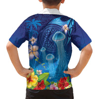 Fiji Jellyfish Family Matching Puletasi and Hawaiian Shirt Tapa Patterns and Hibiscus Sea Vibe