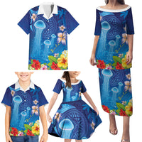 Fiji Jellyfish Family Matching Puletasi and Hawaiian Shirt Tapa Patterns and Hibiscus Sea Vibe