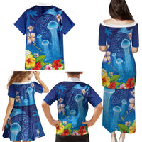 Fiji Jellyfish Family Matching Puletasi and Hawaiian Shirt Tapa Patterns and Hibiscus Sea Vibe