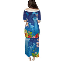Fiji Jellyfish Family Matching Puletasi and Hawaiian Shirt Tapa Patterns and Hibiscus Sea Vibe