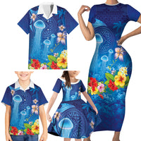 Fiji Jellyfish Family Matching Short Sleeve Bodycon Dress and Hawaiian Shirt Tapa Patterns and Hibiscus Sea Vibe