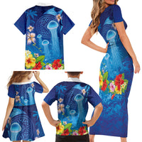 Fiji Jellyfish Family Matching Short Sleeve Bodycon Dress and Hawaiian Shirt Tapa Patterns and Hibiscus Sea Vibe