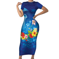 Fiji Jellyfish Family Matching Short Sleeve Bodycon Dress and Hawaiian Shirt Tapa Patterns and Hibiscus Sea Vibe