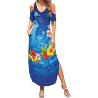 Fiji Jellyfish Family Matching Summer Maxi Dress and Hawaiian Shirt Tapa Patterns and Hibiscus Sea Vibe