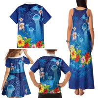 Fiji Jellyfish Family Matching Tank Maxi Dress and Hawaiian Shirt Tapa Patterns and Hibiscus Sea Vibe
