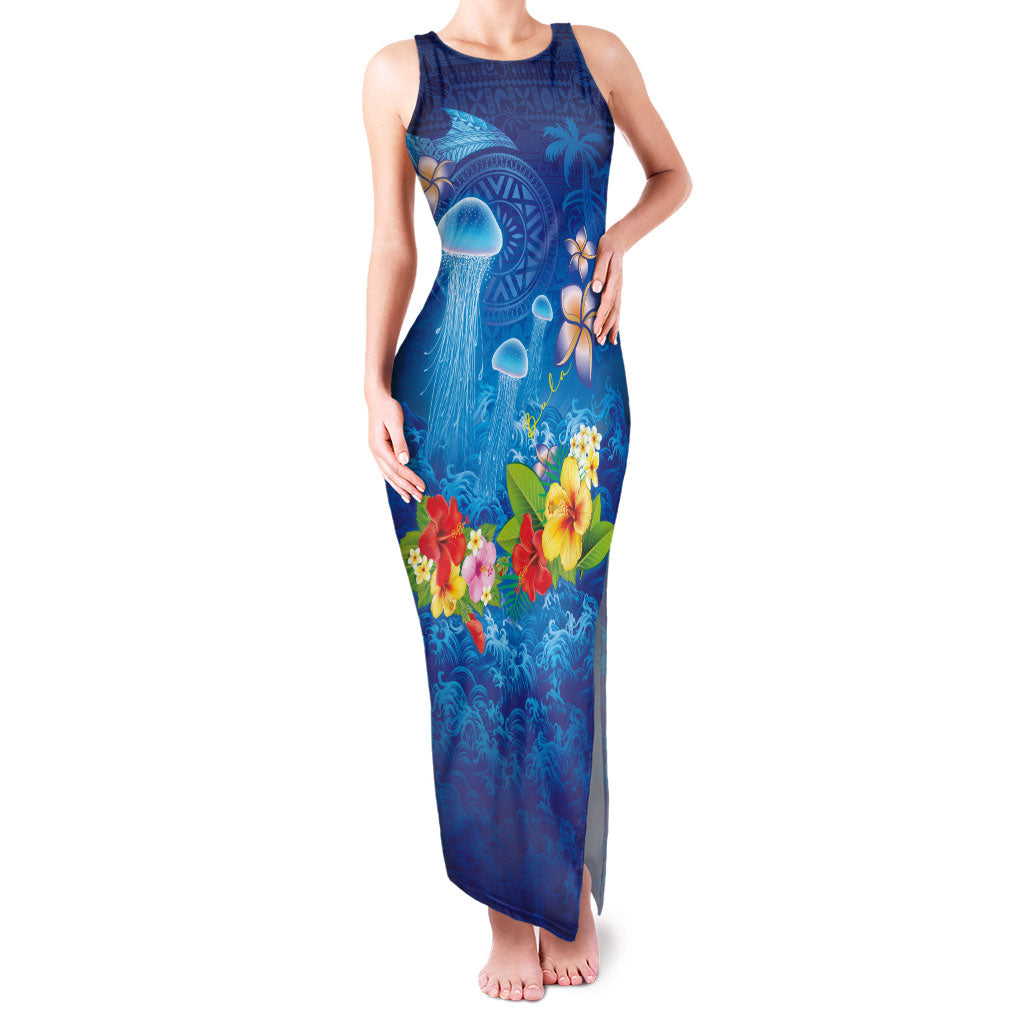 Fiji Jellyfish Family Matching Tank Maxi Dress and Hawaiian Shirt Tapa Patterns and Hibiscus Sea Vibe