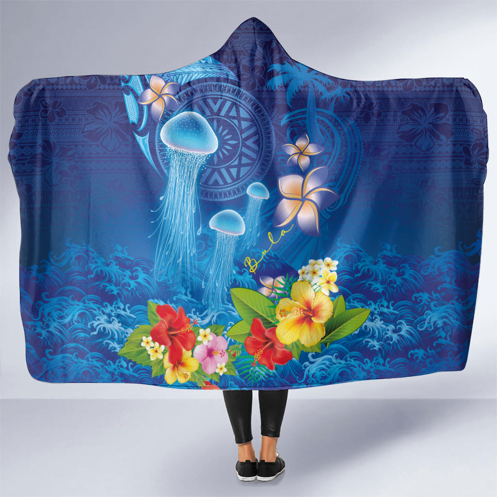 Fiji Jellyfish Hooded Blanket Tapa Patterns and Hibiscus Sea Vibe LT03 One Size Blue - Polynesian Pride