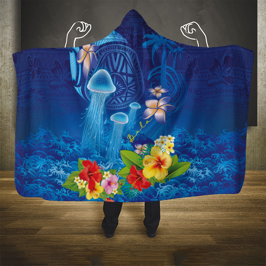 Fiji Jellyfish Hooded Blanket Tapa Patterns and Hibiscus Sea Vibe LT03 - Polynesian Pride