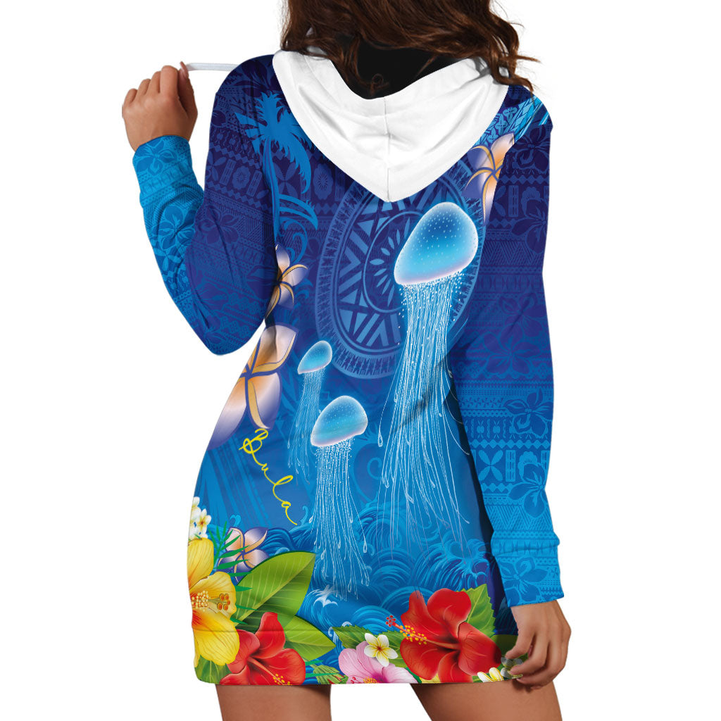 Fiji Jellyfish Hoodie Dress Tapa Patterns and Hibiscus Sea Vibe LT03 - Polynesian Pride