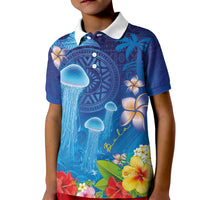 Fiji Jellyfish Kid Polo Shirt Tapa Patterns and Hibiscus Sea Vibe LT03 Kid Blue - Polynesian Pride