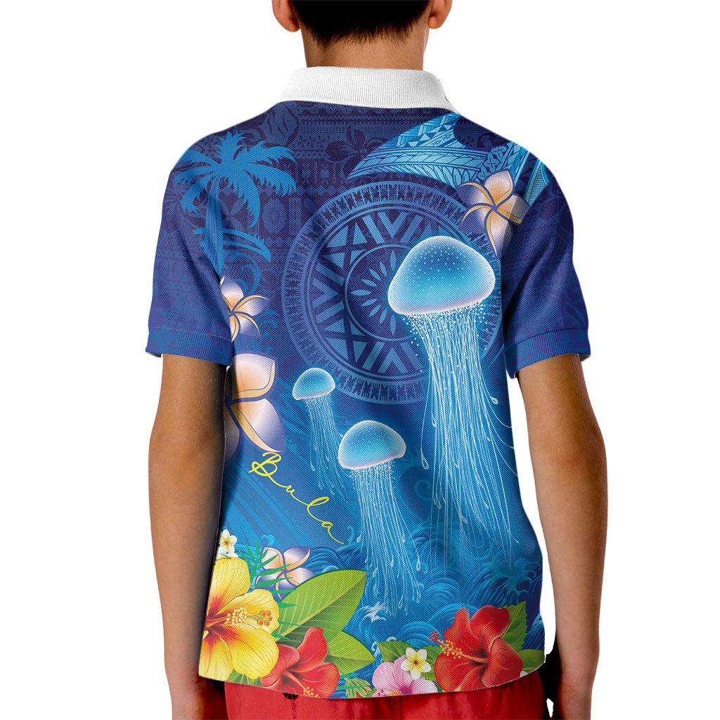 Fiji Jellyfish Kid Polo Shirt Tapa Patterns and Hibiscus Sea Vibe LT03 - Polynesian Pride