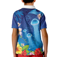 Fiji Jellyfish Kid Polo Shirt Tapa Patterns and Hibiscus Sea Vibe LT03 - Polynesian Pride