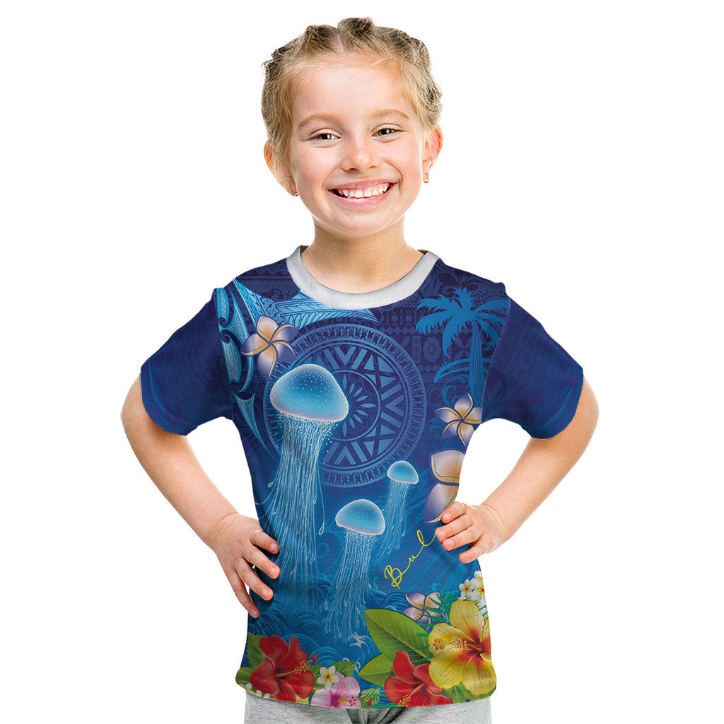 Fiji Jellyfish Kid T Shirt Tapa Patterns and Hibiscus Sea Vibe LT03 Blue - Polynesian Pride