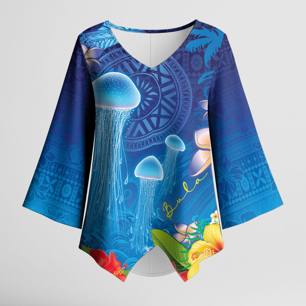 Fiji Jellyfish Kimono Sleeve Blouse Tapa Patterns and Hibiscus Sea Vibe