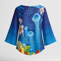 Fiji Jellyfish Kimono Sleeve Blouse Tapa Patterns and Hibiscus Sea Vibe