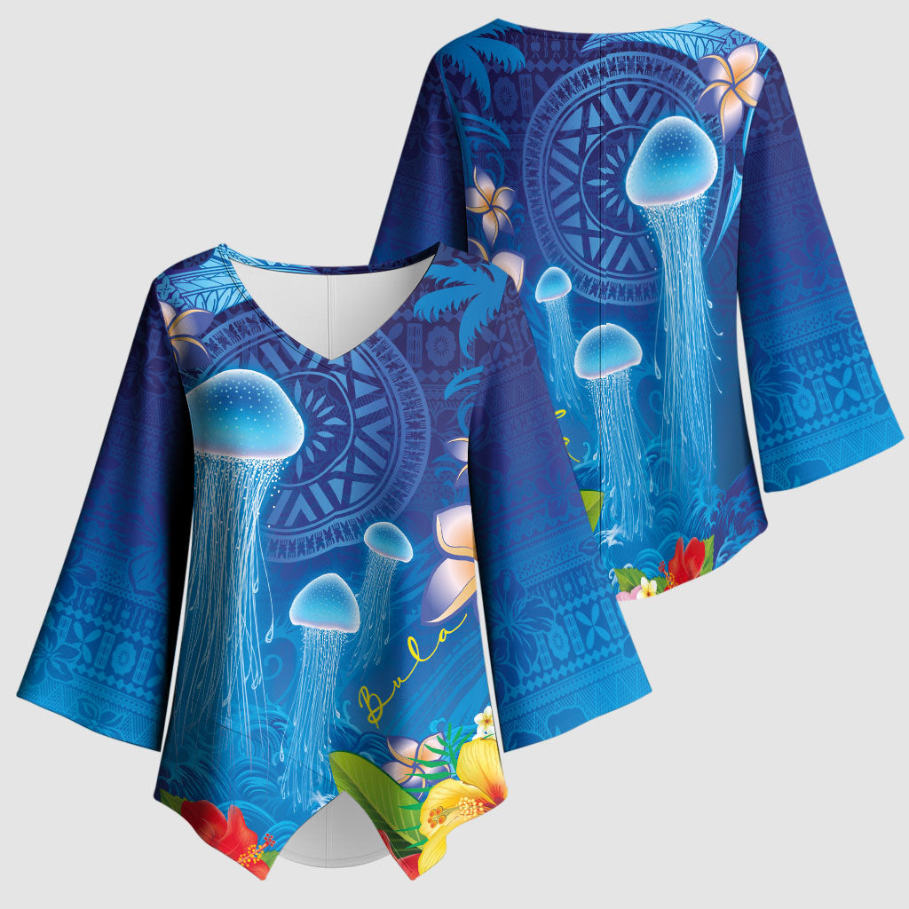 Fiji Jellyfish Kimono Sleeve Blouse Tapa Patterns and Hibiscus Sea Vibe
